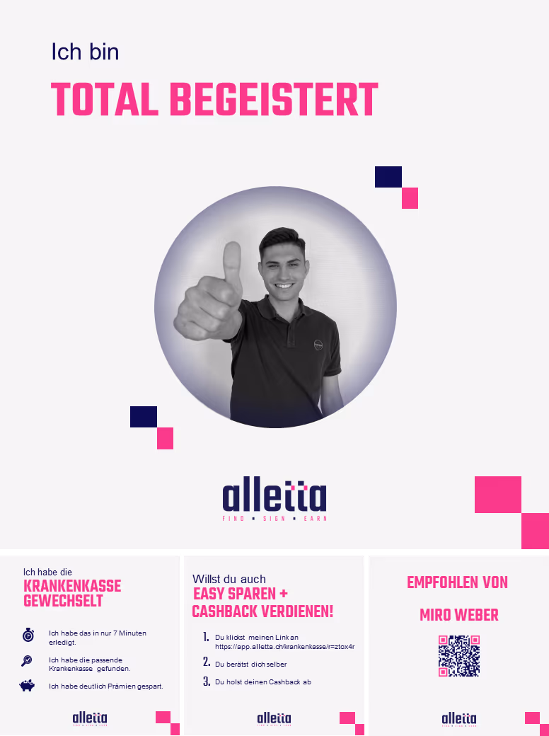 Plakat «Ich bin total begeistert»: Krankenkasse gewechselt, sparen und Cashback verdienen
