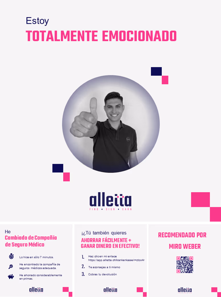 Cartel «Estoy entusiasmado»: cambiar de caja de enfermedad, ahorrar y ganar cashback