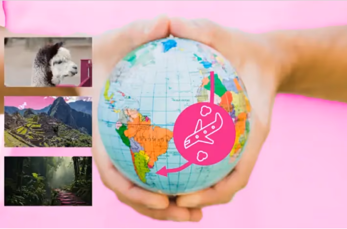 Duar mbajnë një glob me simbolin e një avioni, pranë një alpaka dhe Machu Picchu