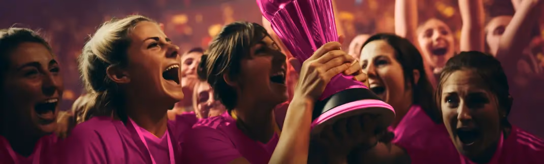 Sportives en maillot rose célébrant avec un trophée