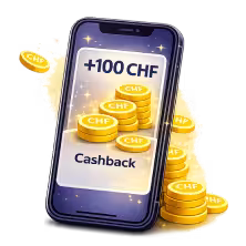 Smartphone con «+100 CHF Cashback» y monedas de oro