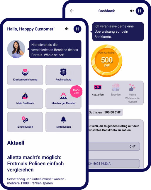 Startseite des alletta Portals mit Zugang zu Empfehlungen, Versicherungen und Cashback