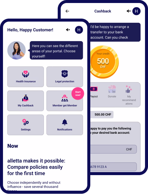 Homepage of the alletta portal with access to referrals, insurance and cashback
