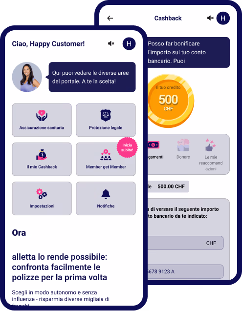 Pagina iniziale del portale alletta con accesso a raccomandazioni, assicurazioni e cashback