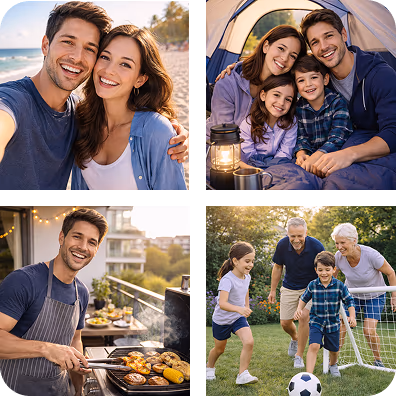 Cuatro fotos: una pareja en la playa, una familia en una tienda de campaña, un hombre en la barbacoa y abuelos jugando al fútbol con niños
