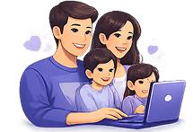 Ilustración de una familia con dos niños frente a un portátil