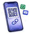 Smartphone con un código QR junto a símbolos de enlace, WhatsApp y correo electrónico