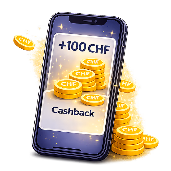 Smartphone con «+100 CHF Cashback» y monedas de oro