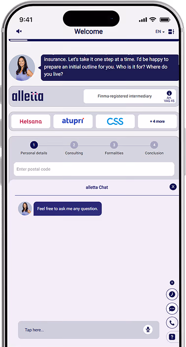 App de alletta con el chat de IA abierto, donde el avatar responde preguntas