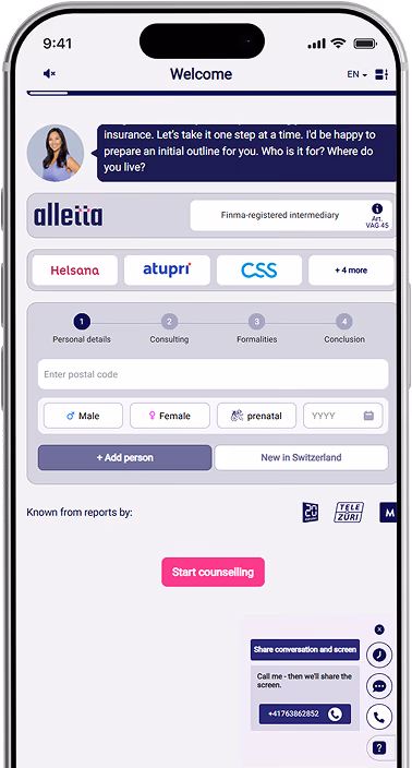 App de alletta con la opción de llamar y compartir la pantalla
