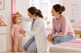 Pediatrja mat gjatësinë e një fëmije të vogël, nëna shikon