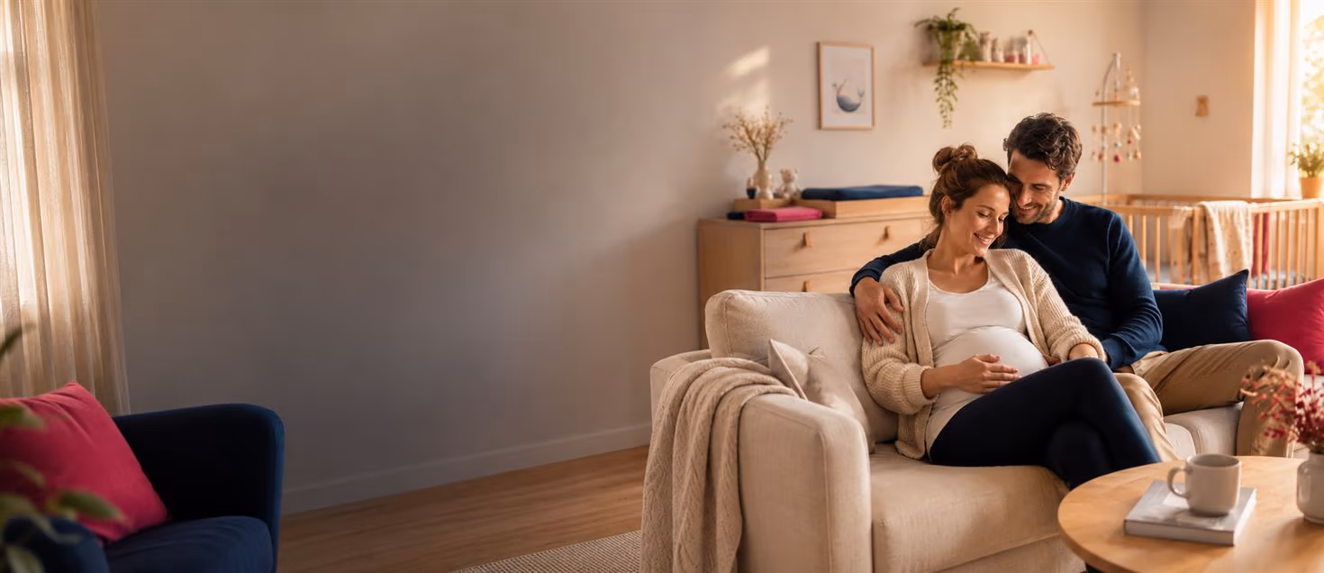 Eine schwangere Frau und ihr Partner planen gemeinsam auf dem Sofa die Krankenversicherung für ihr Baby