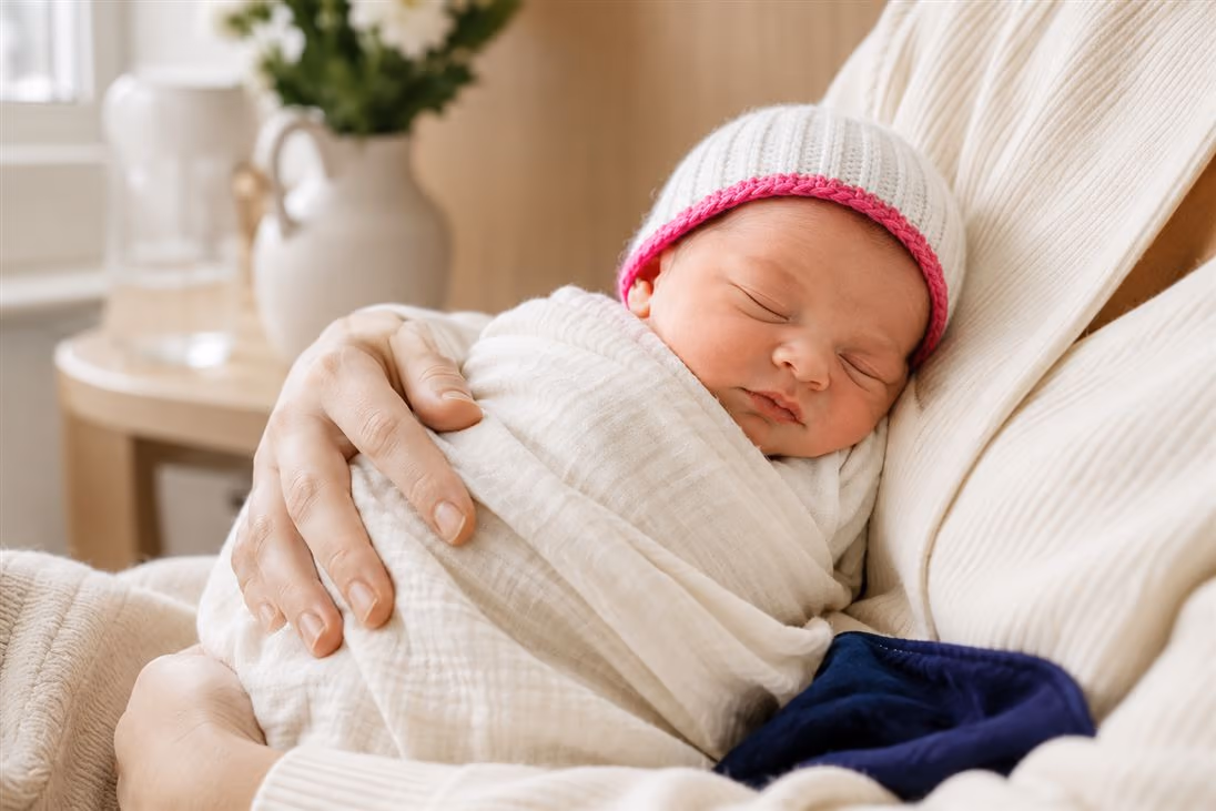 Neugeborenes schläft eingewickelt in den Armen der Mutter