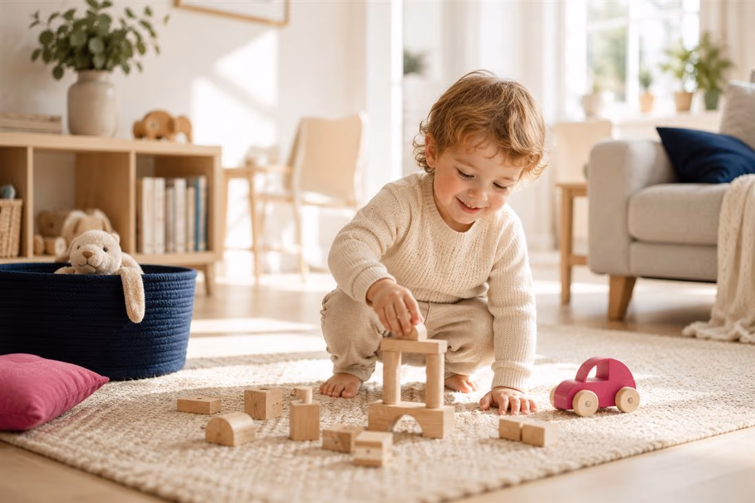Kleinkind spielt im Wohnzimmer mit Holzklötzen