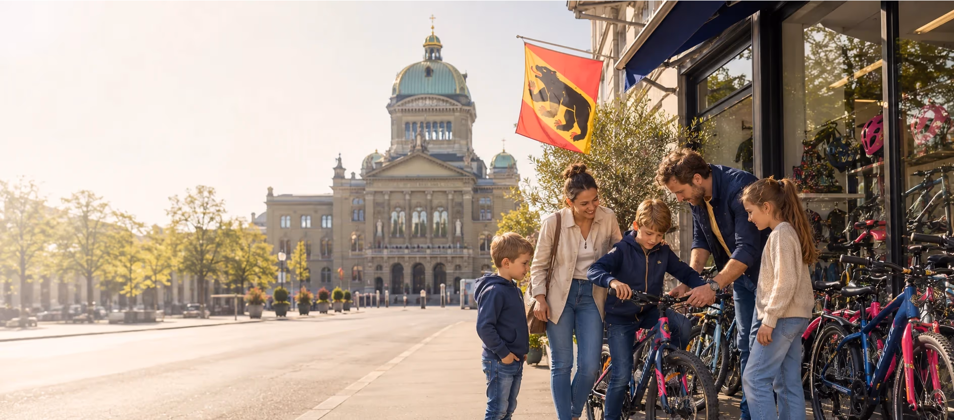 Familie vor einem Veloladen in Bern, im Hintergrund das Bundeshaus