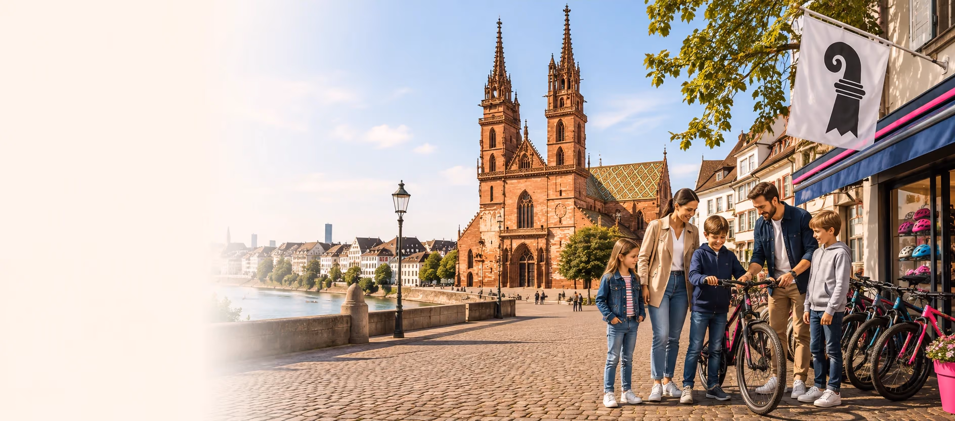 Familie vor einem Veloladen am Rhein in Basel, im Hintergrund das Basler Münster
