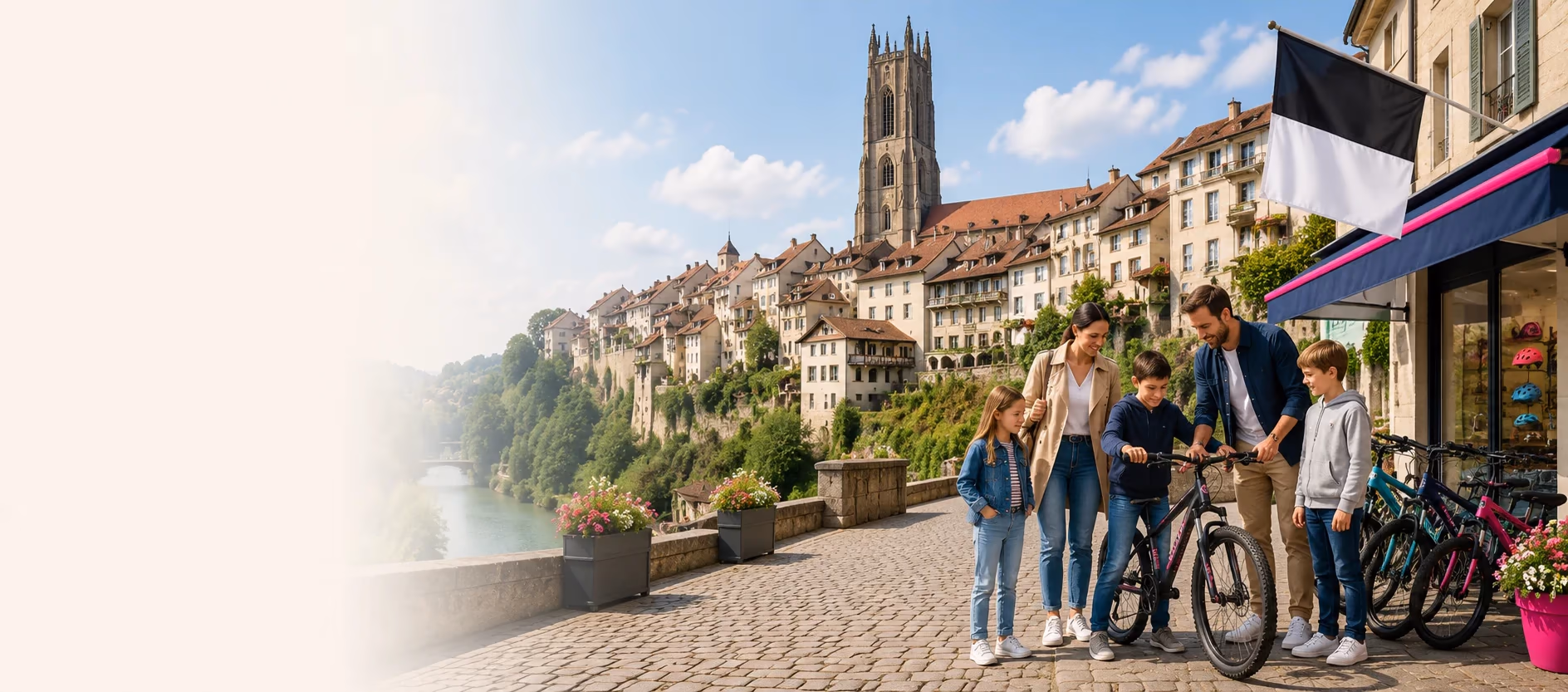 Familie vor einem Veloladen in Freiburg, im Hintergrund die Altstadt mit der Kathedrale