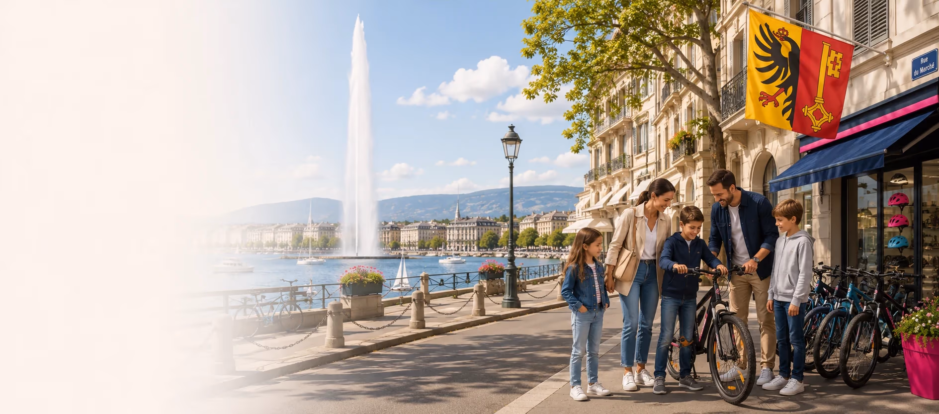 Familie vor einem Veloladen am Genfersee, im Hintergrund der Jet d'eau