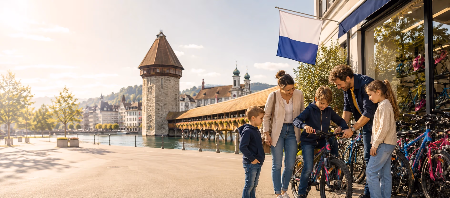 Familie vor einem Veloladen in Luzern, im Hintergrund die Kapellbrücke mit dem Wasserturm