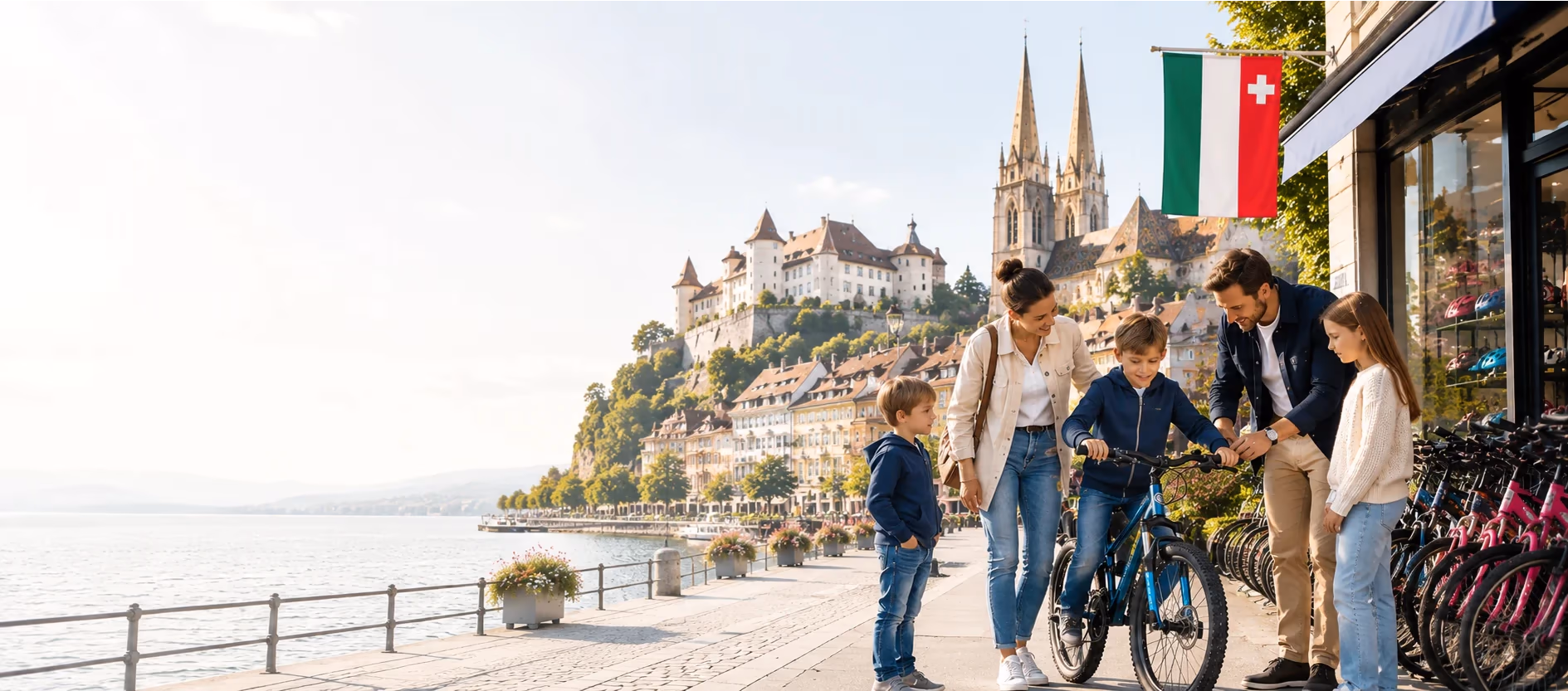 Familie vor einem Veloladen am Neuenburgersee, im Hintergrund Schloss und Stiftskirche von Neuenburg