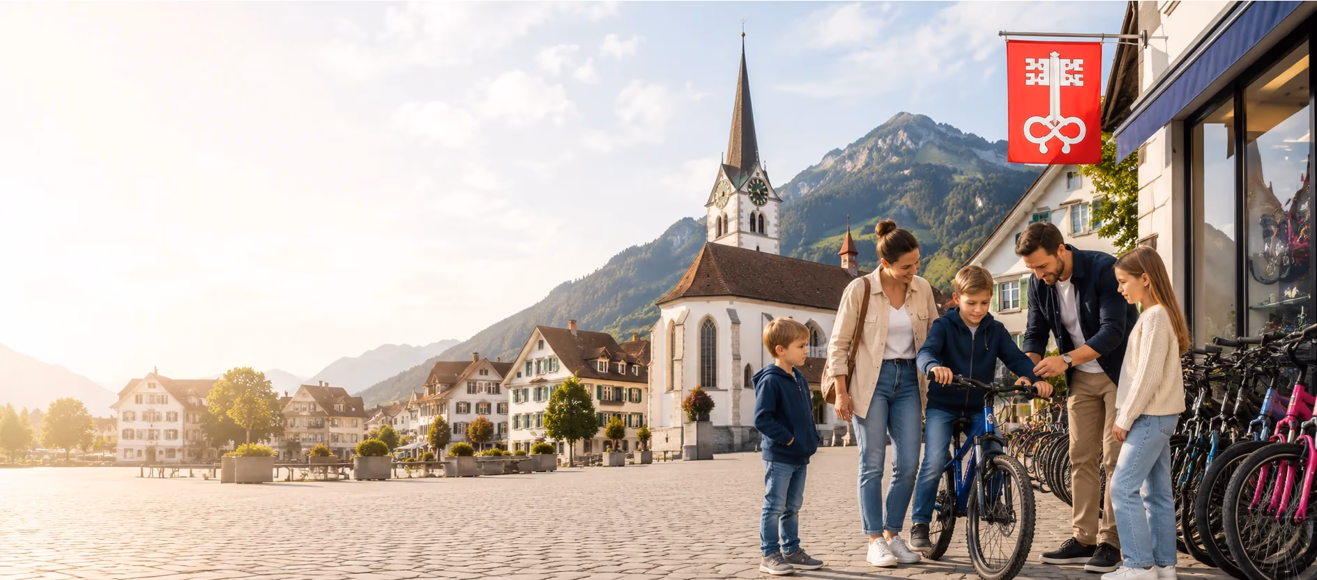 Familie vor einem Veloladen in Nidwalden, im Hintergrund eine Kirche vor den Bergen