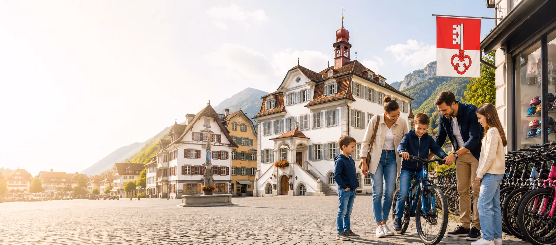 Familie vor einem Veloladen auf einem Dorfplatz in Obwalden, im Hintergrund historische Häuser und Berge