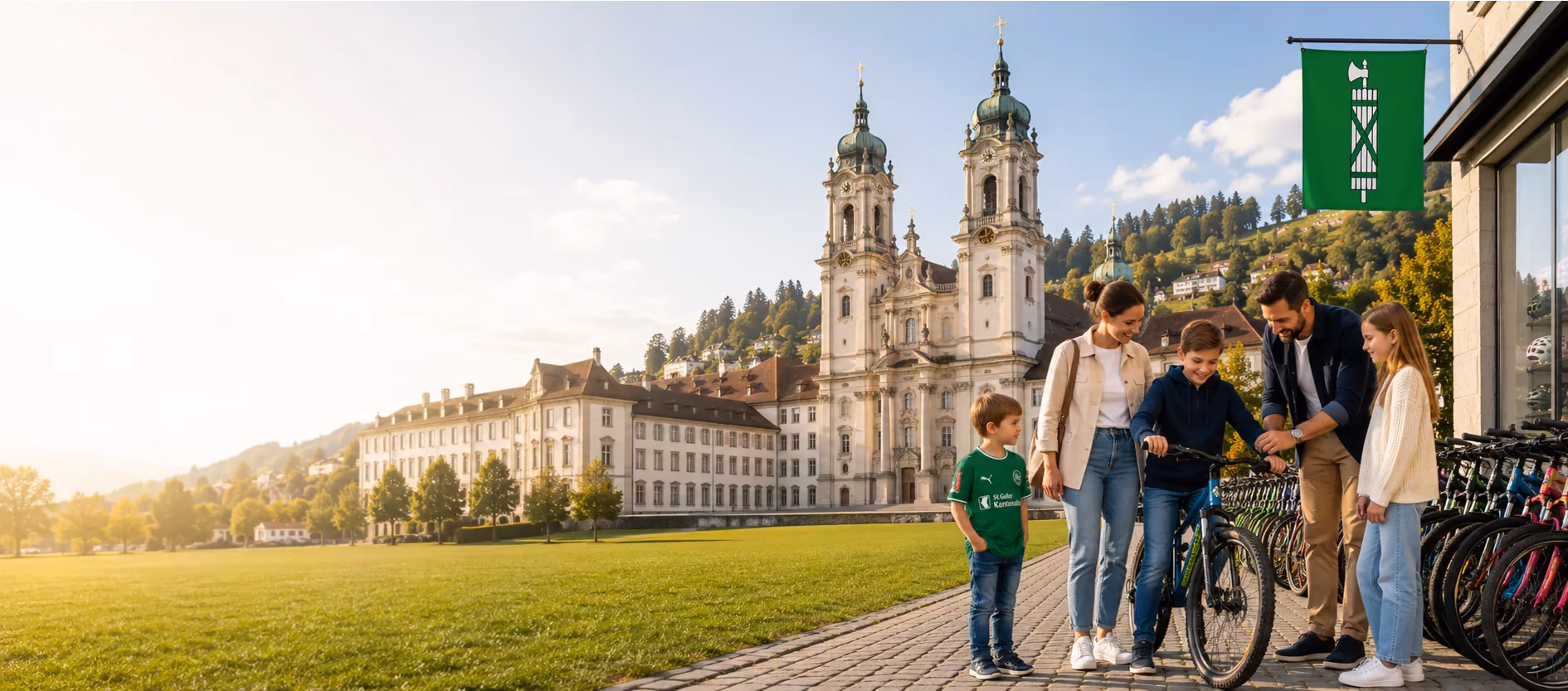 Familie vor einem Veloladen in St. Gallen, im Hintergrund die Stiftskirche