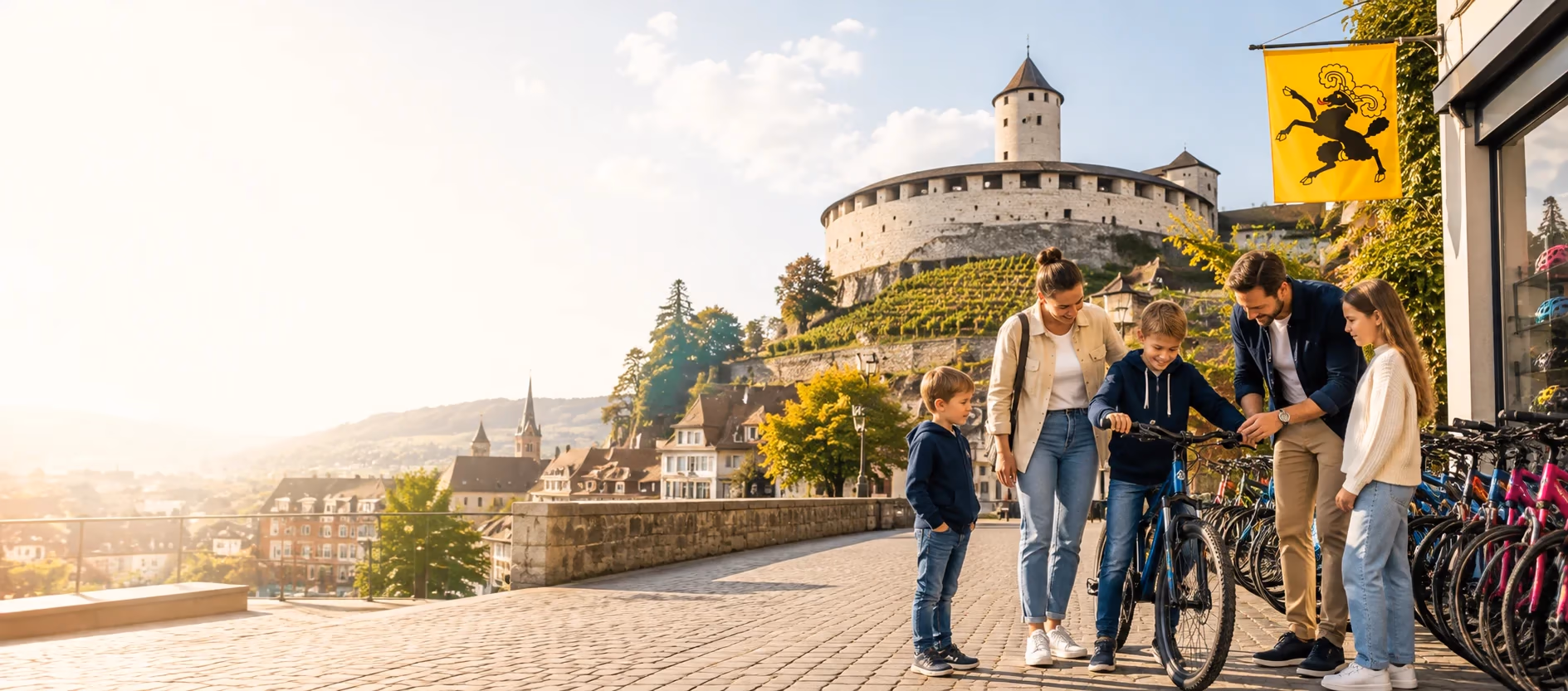 Familie vor einem Veloladen in Schaffhausen, im Hintergrund der Munot über den Reben