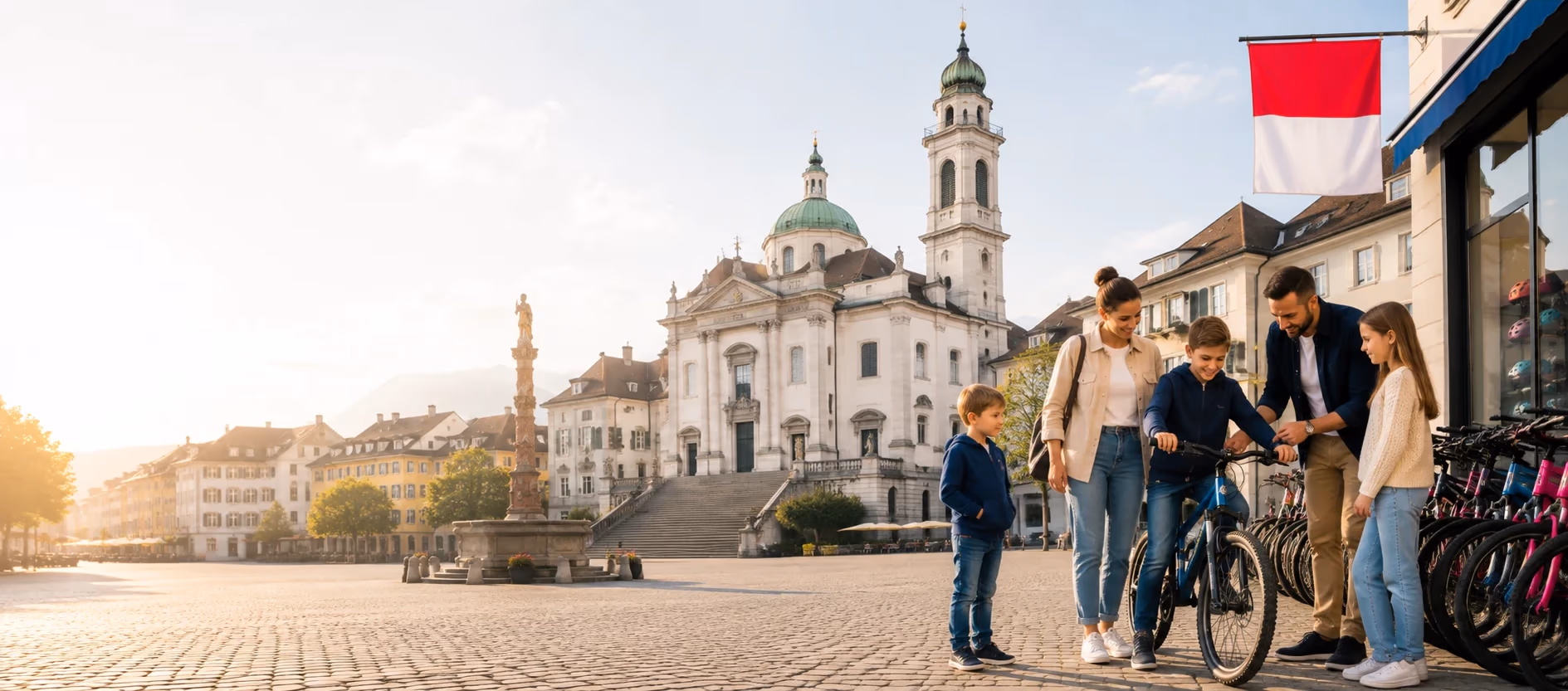 Familie vor einem Veloladen in Solothurn, im Hintergrund die St.-Ursen-Kathedrale