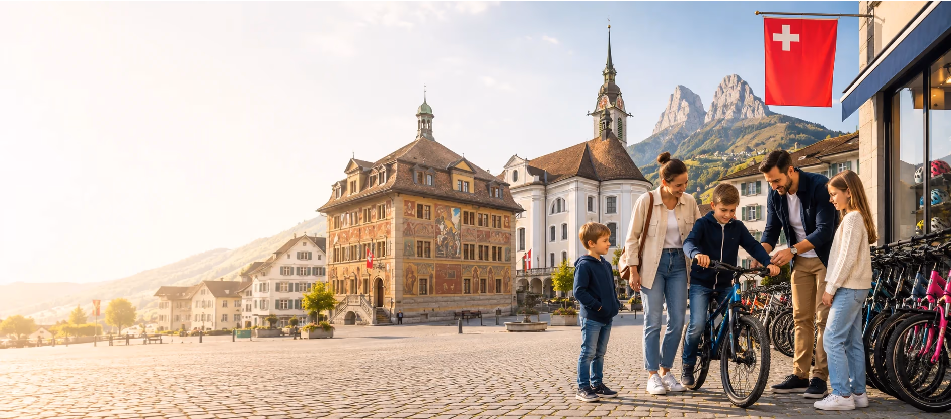 Familie vor einem Veloladen in Schwyz, im Hintergrund das bemalte Rathaus und die Mythen