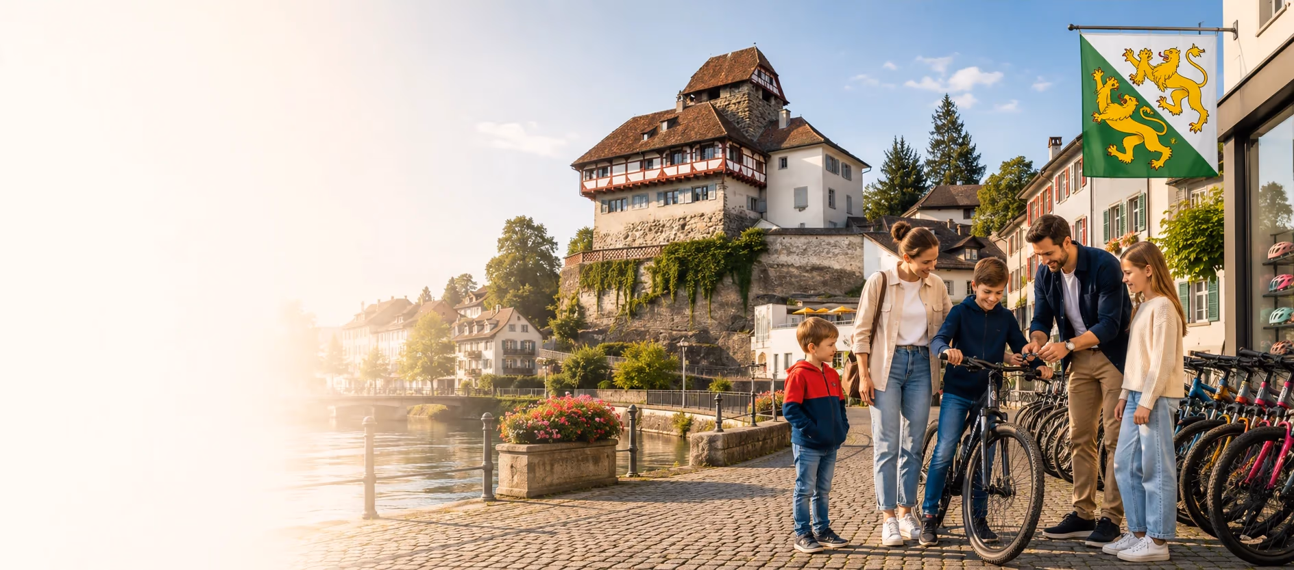 Familie vor einem Veloladen am Wasser im Thurgau, im Hintergrund ein Schloss