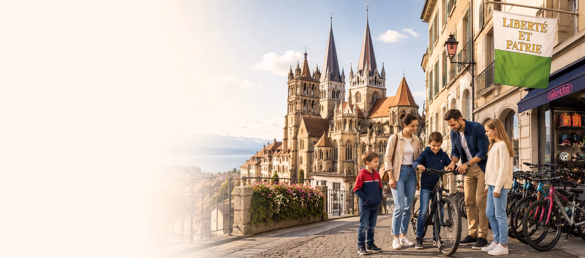 Família em frente a uma loja de bicicletas em Lausana, com a catedral ao fundo