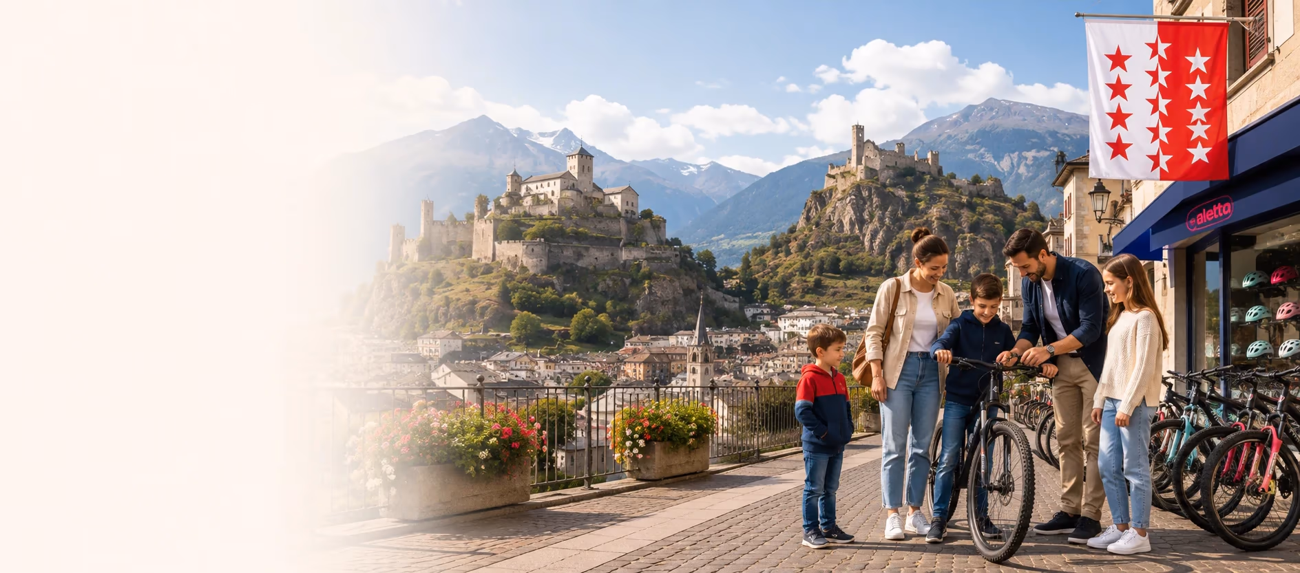 Familie vor einem Veloladen in Sitten, im Hintergrund die Burgen Valère und Tourbillon