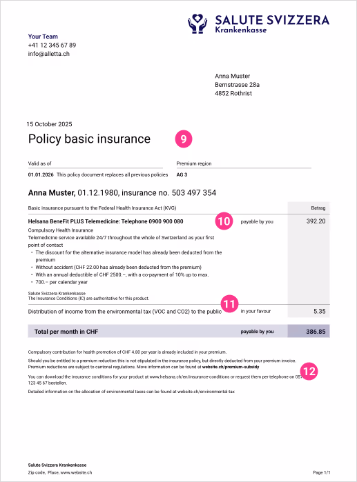 Sample page 2 of the policy with basic insurance and deductible