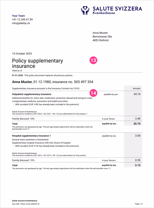 Sample page 3 of the policy with supplementary insurance