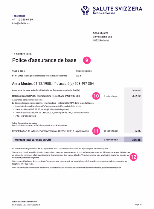 Page 2 d'exemple de la police avec assurance de base et franchise