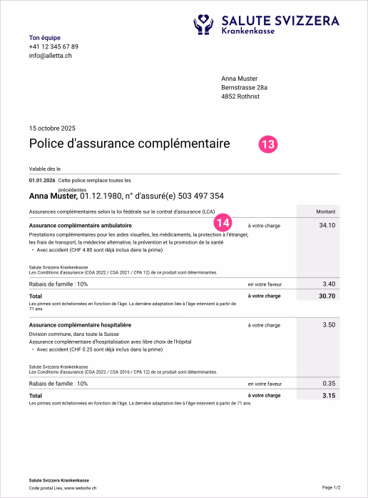 Page 3 d'exemple de la police avec les assurances complémentaires