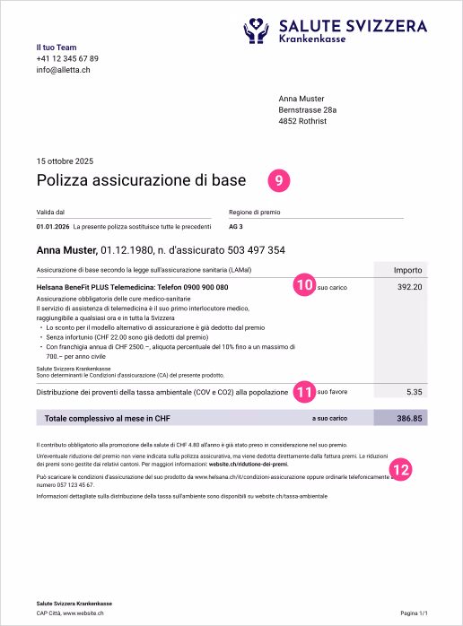 Pagina 2 di esempio della polizza con assicurazione di base e franchigia