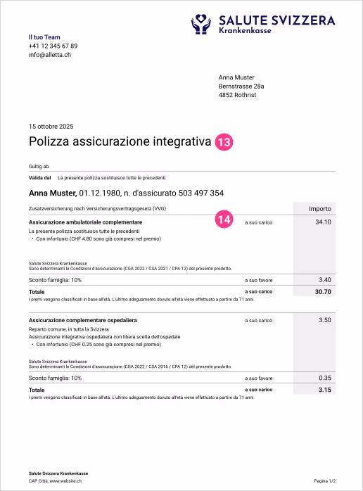 Pagina 3 di esempio della polizza con le assicurazioni complementari