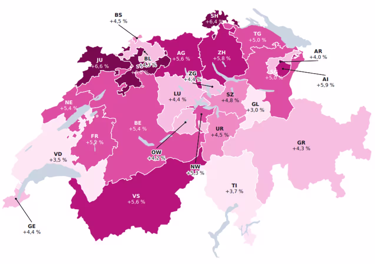 Karte der Schweiz mit der Prämienerhöhung 2027 pro Kanton