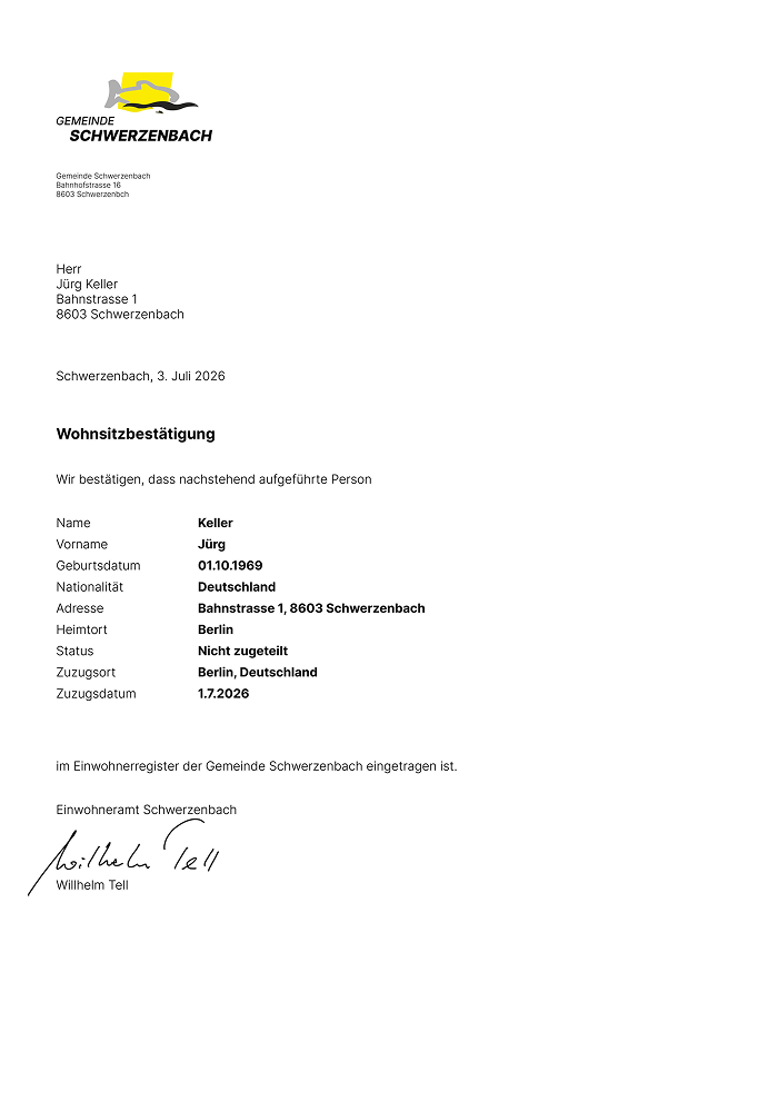 Muster einer Wohnsitzbestätigung
