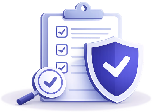 Portapapeles con lista de verificación, lupa y escudo con marca de verificación