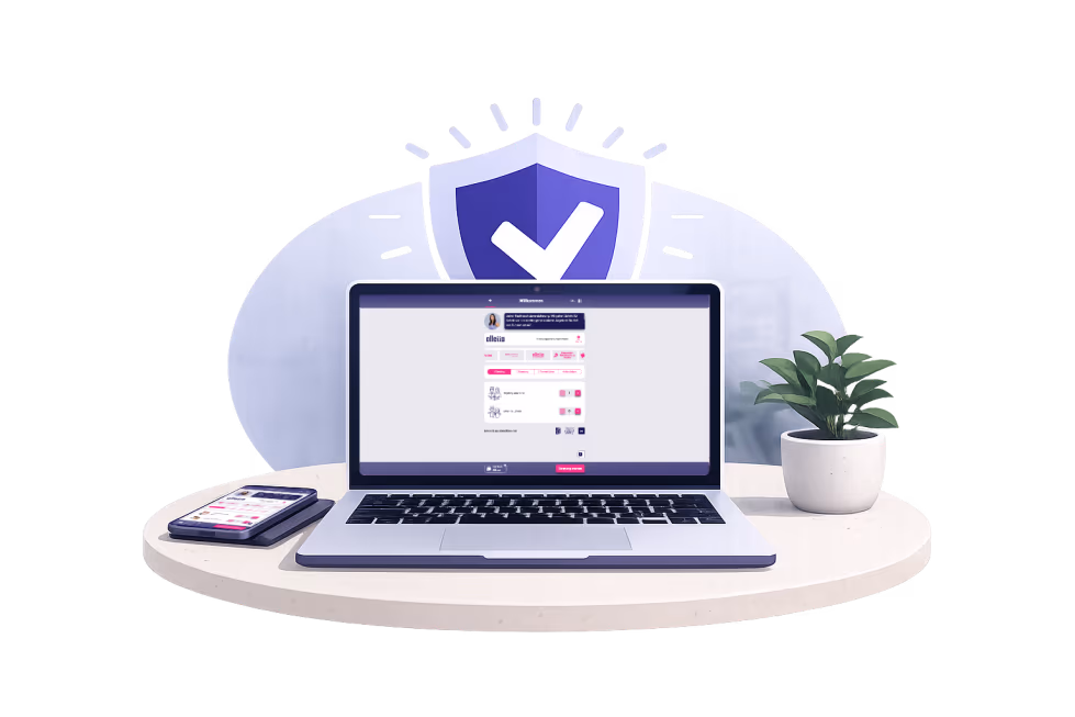Portátil con la App de alletta sobre un pedestal; detrás, un escudo con marca de verificación