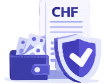 Cartera con billetes, documento en CHF y escudo con marca de verificación