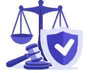 Balanza, mazo de juez y escudo con marca de verificación