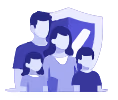 Familia delante de un escudo con marca de verificación