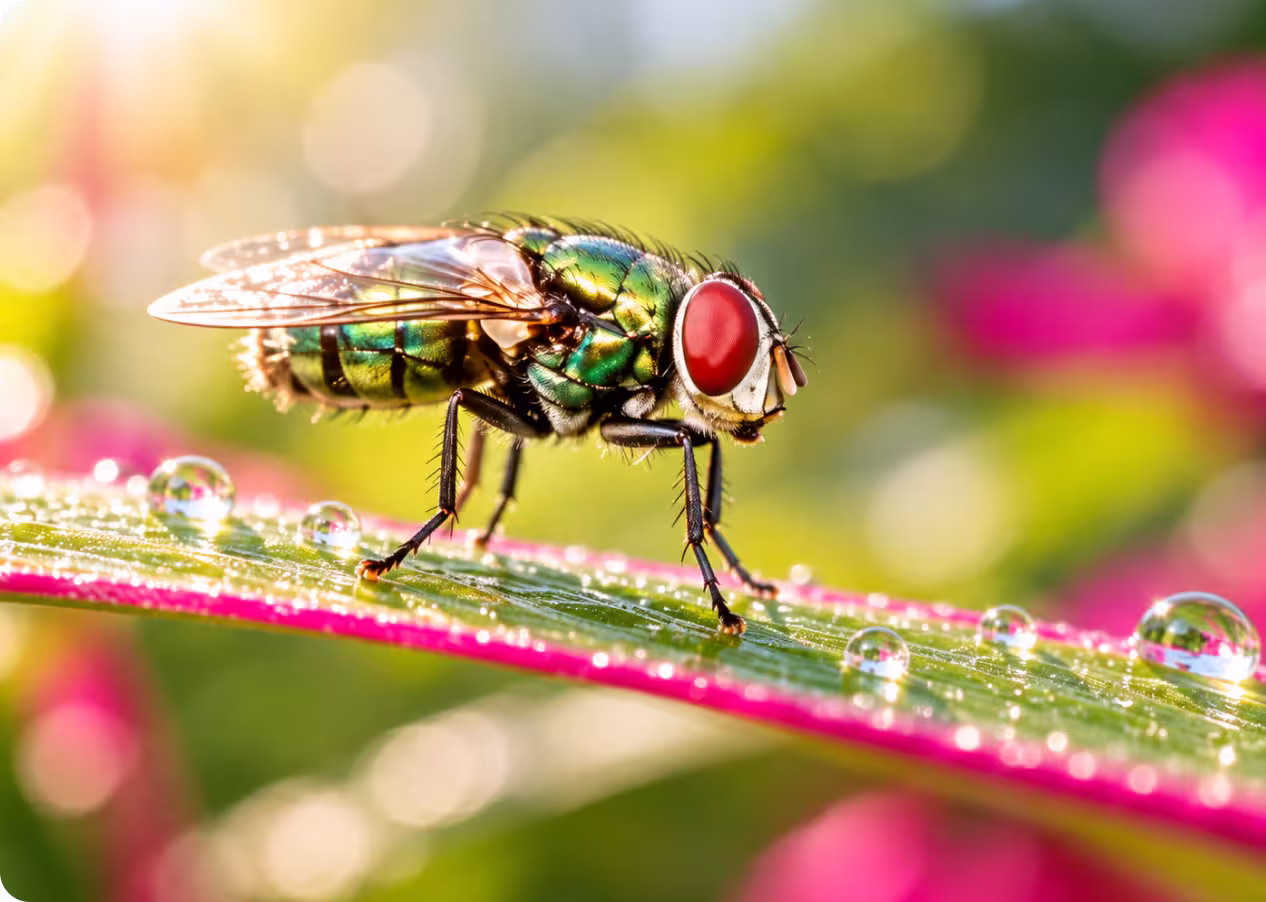 Primo piano di una mosca su uno stelo rosa