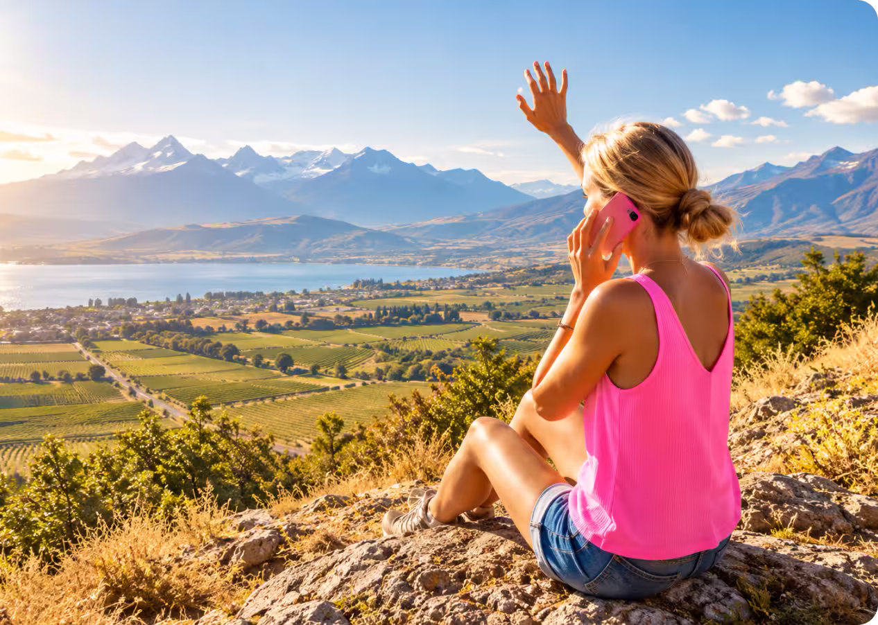 Una donna con top rosa seduta su una collina guarda la valle