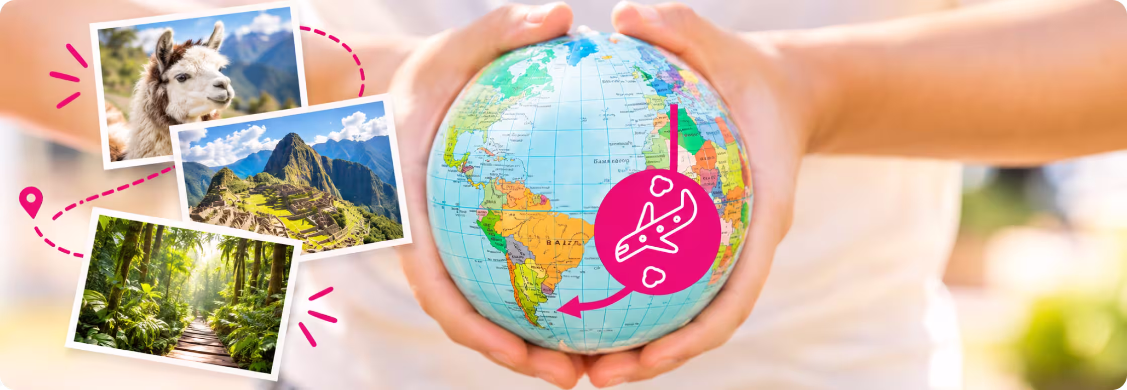 Mani reggono un mappamondo con il simbolo di un aereo, accanto un alpaca e Machu Picchu