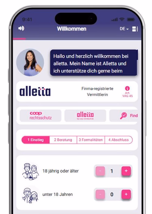 Smartphone mit einem Rechtsschutz-Angebot in der alletta App